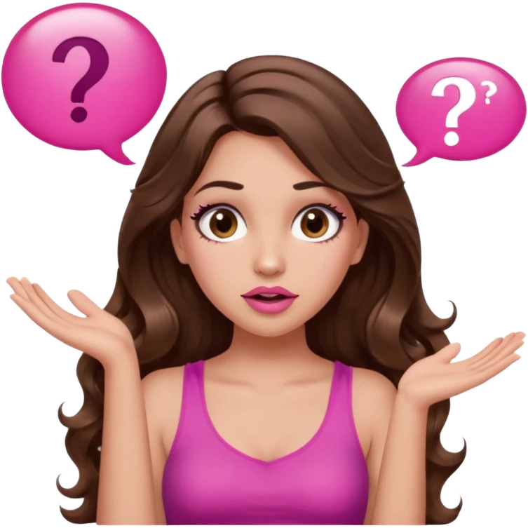 girl with long wavy brown hair, brown eyes, long lashes makeup, sexy pink lips, light to medium complexion, pink sexy top, two hands up, shrugging, confused questions mark bubble sign emoji