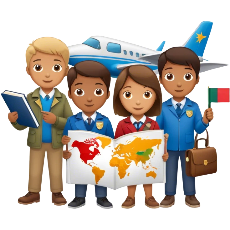 A child looking at a map 🗺️👀, a magnifying glass over different country flags 🔍🏳️, a passport and a plane ticket ✈️📄, and a student celebrating with books and a diploma 🎉📚🎓." emoji