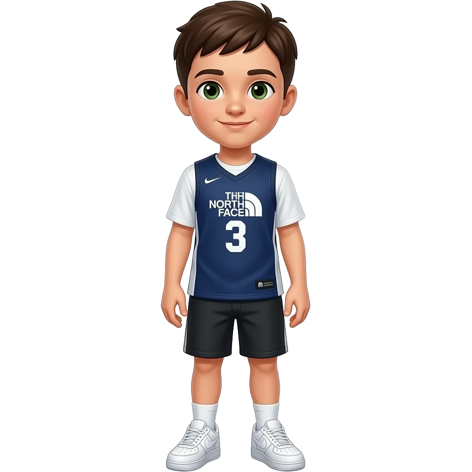 Hazme con el cuerpo entero de pie un chico con pelo corto marrón ojos verdes y marrones i que tenga un jersey de north face i unos zapatos air force one blancas. i que sea mediano emoji