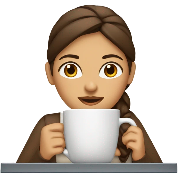 MUJER JOVEN DE PIEL BLANCA, OJOS MARRONES CLAROS, PELO MARRON Y LARGO TRABAJANDO CON CUMPUTADORA Y TIENE UN CAFE O AGUA emoji