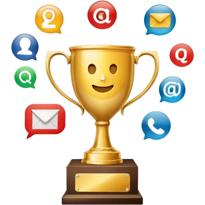 trophy with digital marketing icons email, social, analytics emoji