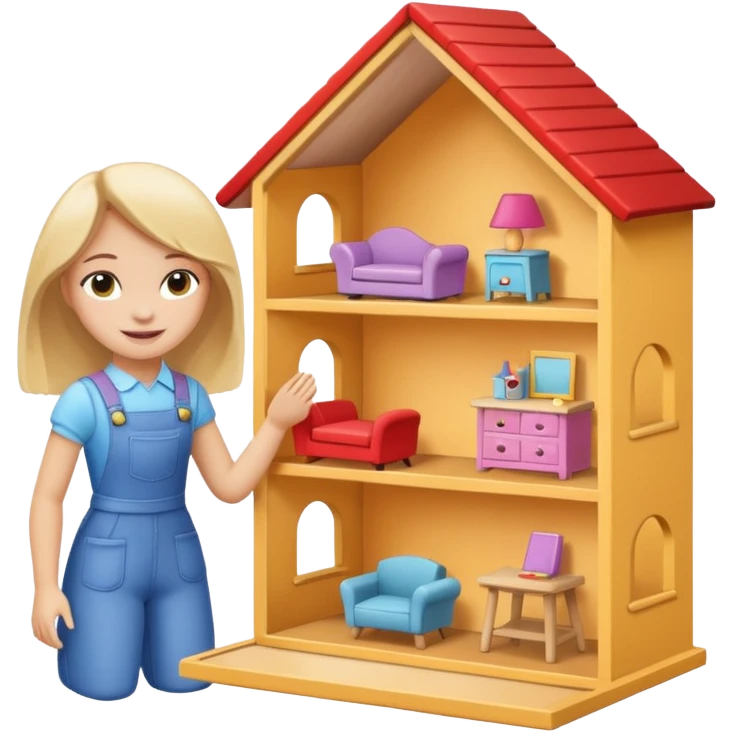 smiling girl arranging furniture in doll house emoji