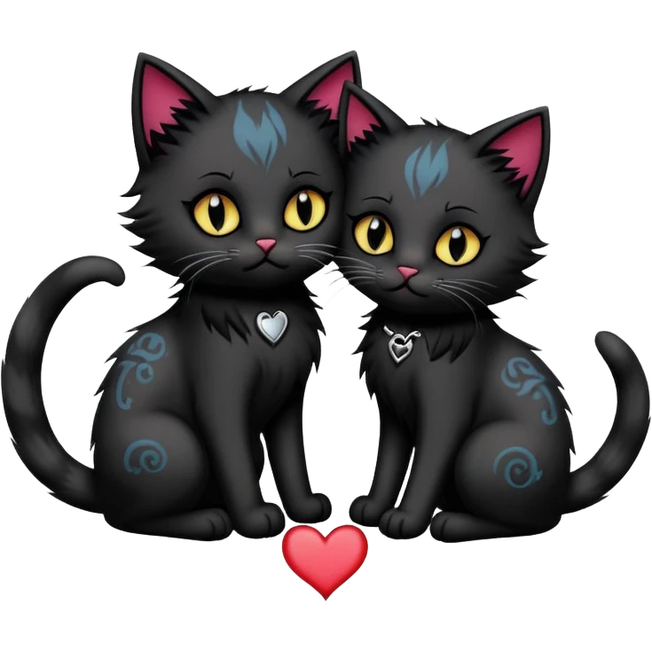 two big emo cats in love with extra emo details such as tattoos, piercings, dramatic hair, plus five emo kittens emoji