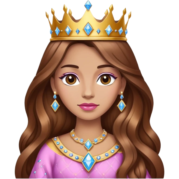 Queen, brown long hair, golden crown encrusted with pink and blue diamonds emoji