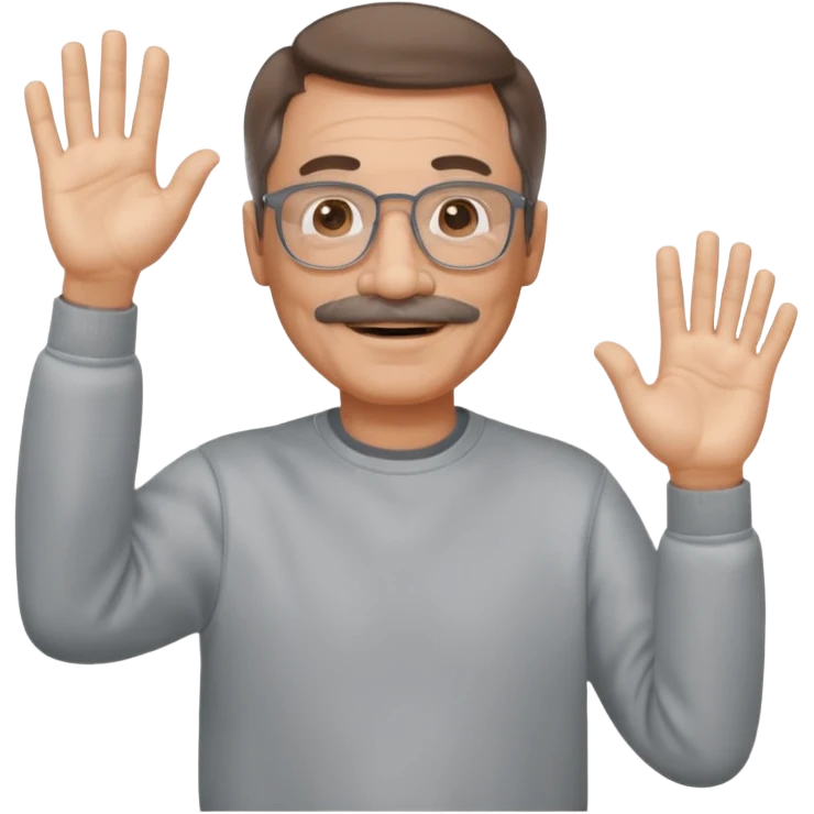 60 yr man partial brown hair parted in center, mustache, light glasses, sweatshirt waving hello emoji