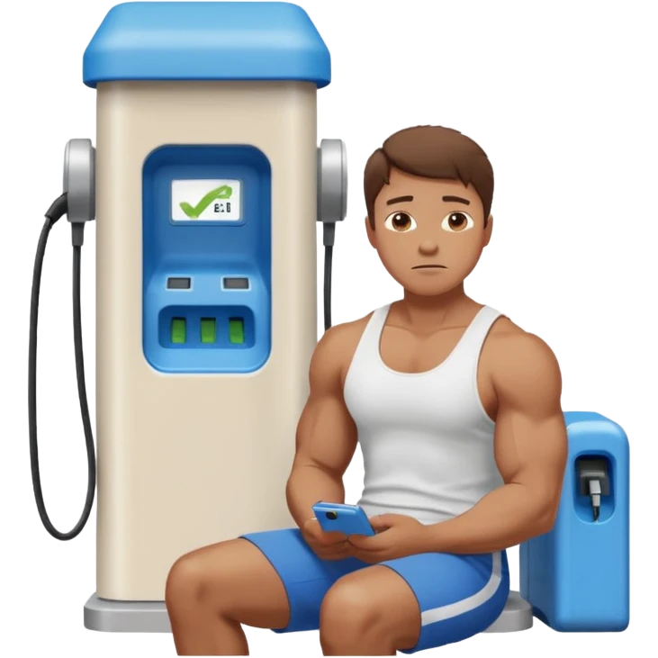 A naked man with bulging muscles sits in a thoughtful pose at a Bluetti charging station. emoji