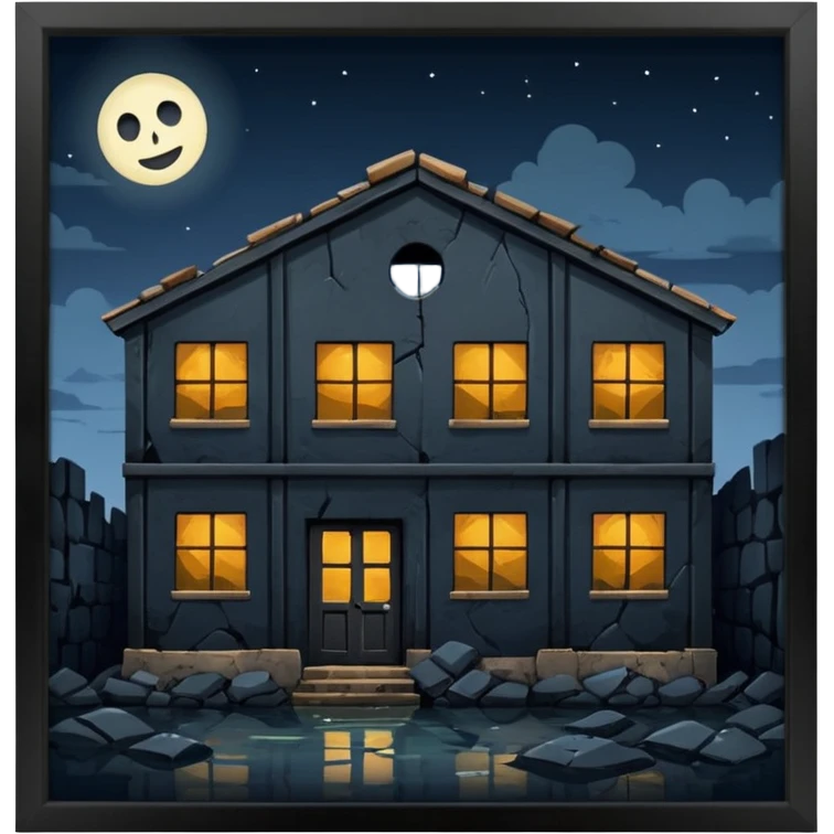 cinematic realistic ultra HD - a warehouse in a secluded place, at night with broken walls emoji
