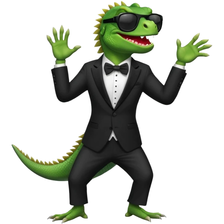 capitalist iguana banker in tuxedo and black sunglasses dancing crazy emoji
