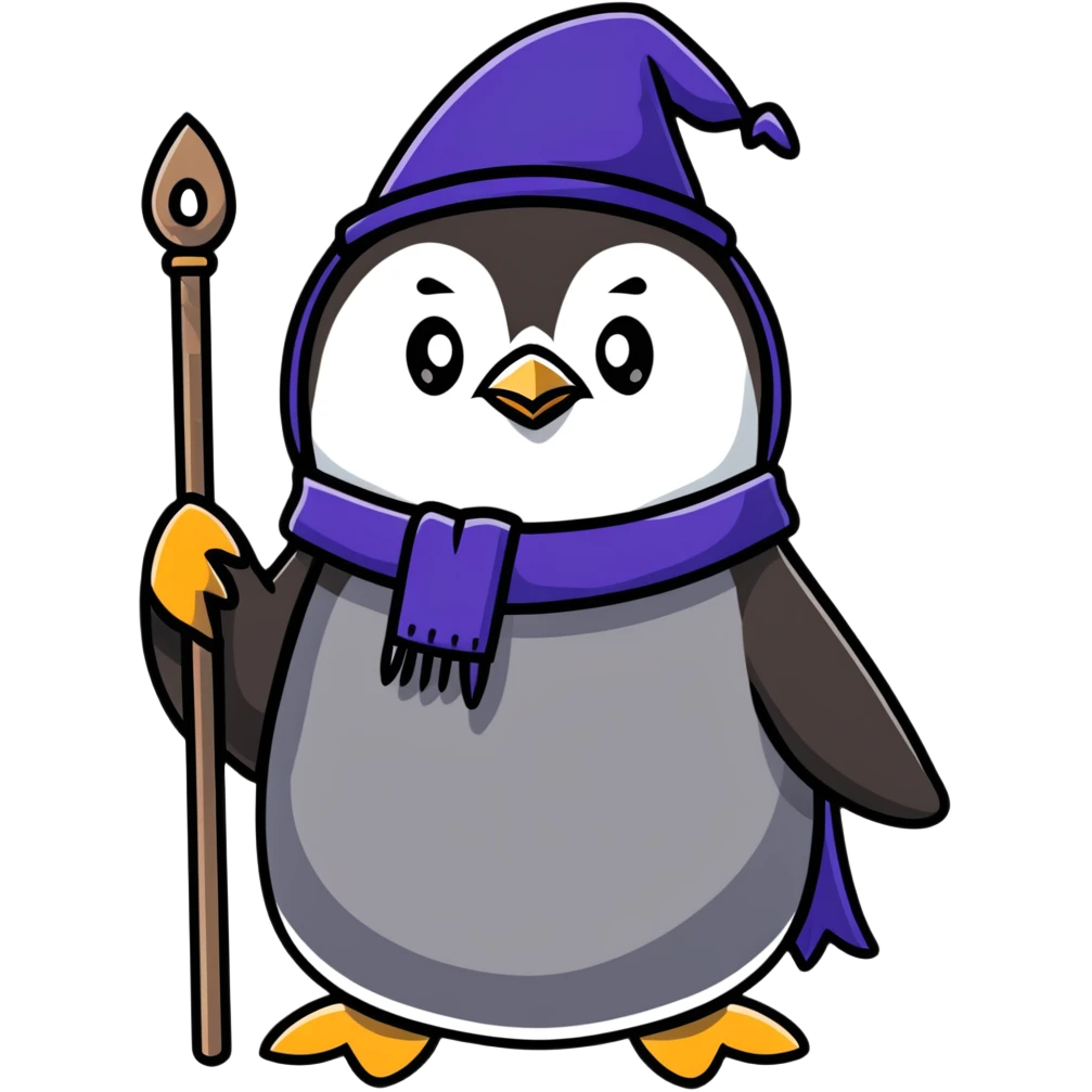 penguin wizard with a staff and hat emoji