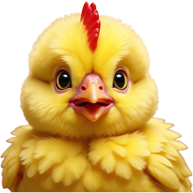 Cinematic Cute Yellow Baby Chicken Portrait Emoji, Head tilted playfully and inquisitively, featuring a fluffy, vibrant yellow downy coat with a tiny red comb, round, sparkling beady eyes filled with curiosity, Simplified yet irresistibly adorable features, highly detailed, glowing with a warm, friendly glow, high shine, affectionate and lively, stylized with a touch of playful whimsy, bright and endearing, soft glowing outline, capturing the essence of a mischievous yet loving chick, so playful it feels like it could peep out of the screen and into your arms! emoji