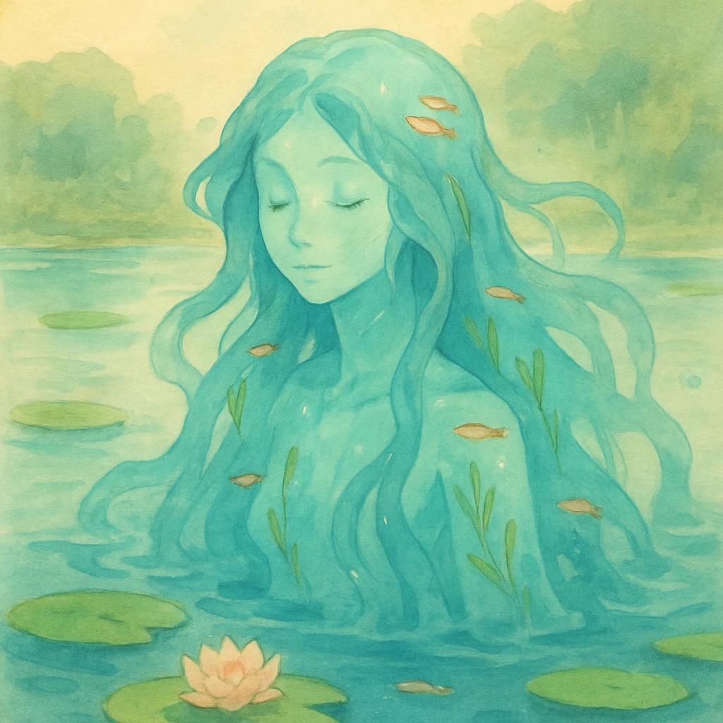 A fluid, translucent river spirit with flowing blue-green hair like water, decorated with small fish and water plants, emerging from a serene pond with lily pads, painted in a soft dreamy style emoji
