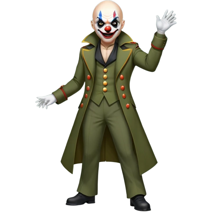 evil clown, bald, small black horns on forehead, fangs, pointed ears, eye patch over one eye, long coat over black and military green leisure suit with bellbottom pants, tail, realistically proportioned, less bulky, full body, battle-ready, fighting posture emoji