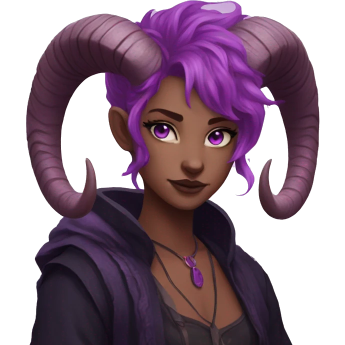 tiefling purple skin freckles  purple eyes black ram horns pink hair emoji