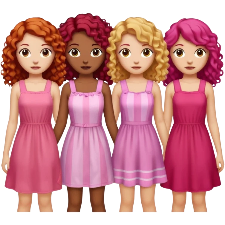 5 girls  curly redhead, one with brunette dyed blonde hair, one long haired wavy brunette, one mid-length haired brunette, and one black haired girl with partially dyed bright red/pink hair emoji