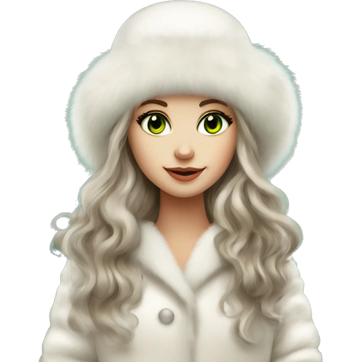 Beautiful Slavic girl with green eyes and brown wavy long hair wearing a white fur hat and white Mink fur coat emoji