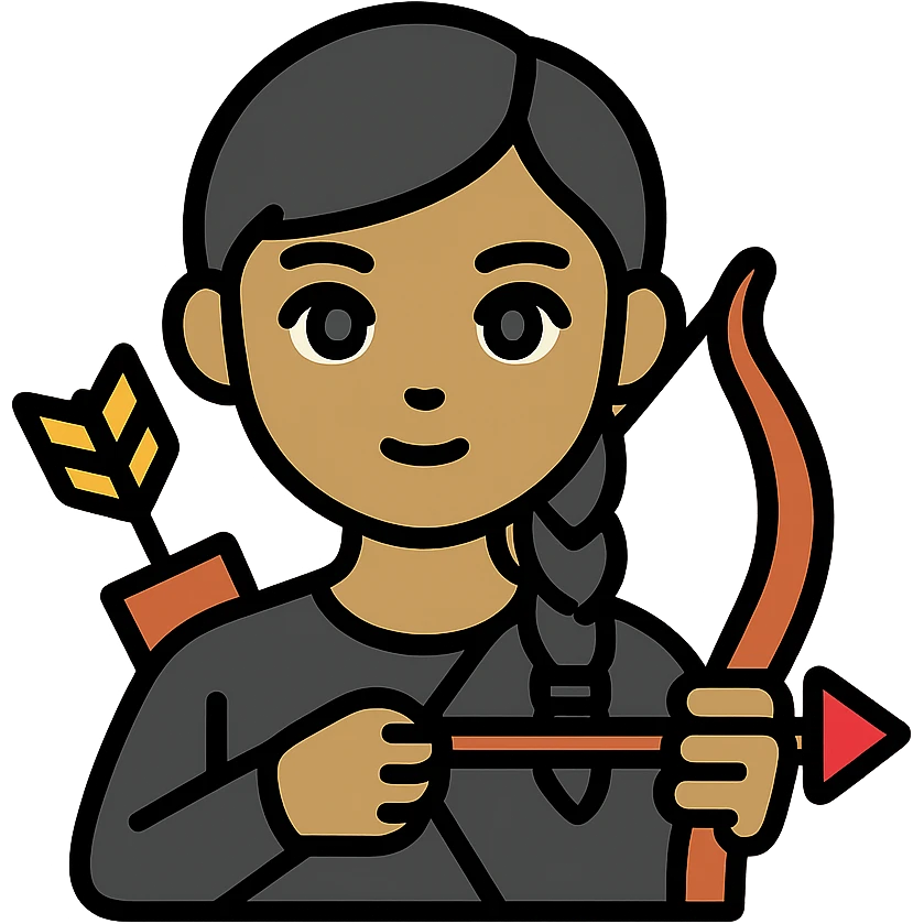 girl with olive skin, gray eyes, black hair in a side braid, wearing a black outfit, holding a bow and arrow emoji