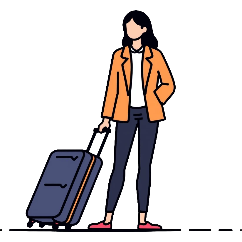 Asian tourist with suitcase, travel outfit emoji