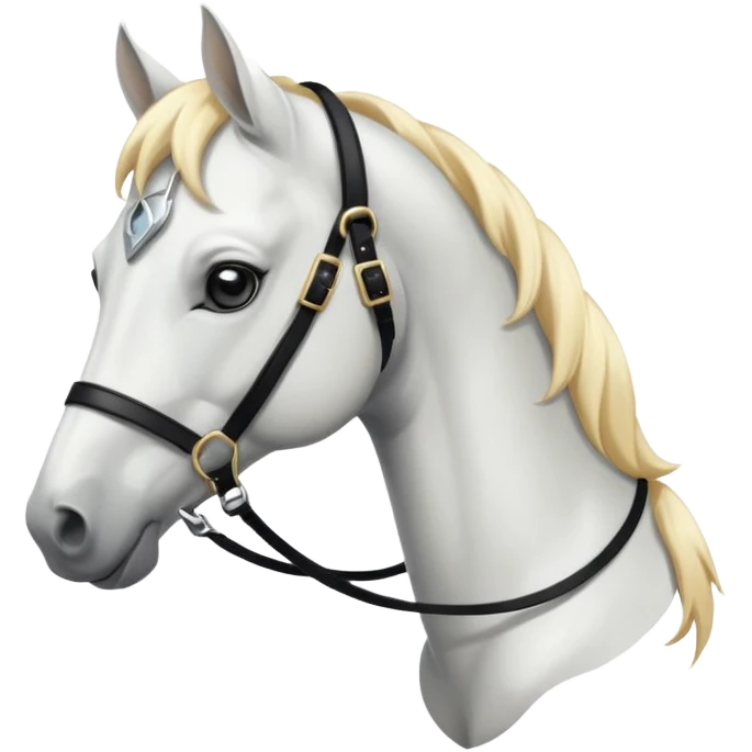 This is a cartoon-style image of a white horse with a light blond mane, wearing a black bridle, and shown in profile with a calm expression. emoji
