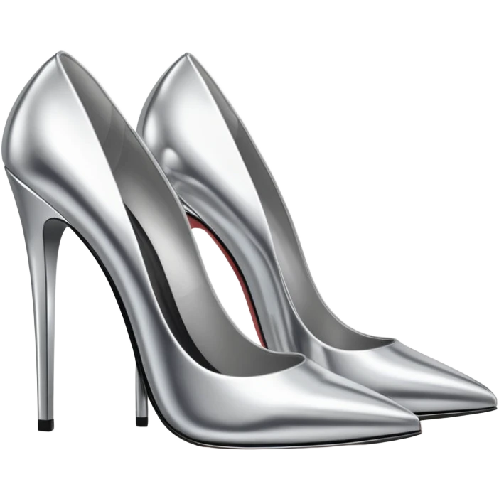 A pair of high heel shoes emoji made of polished silver chrome, elegant sharp silhouette, smooth metallic surface, glossy reflections, luxury sexy vibe, minimalistic iOS emoji style, centered, clean white background emoji