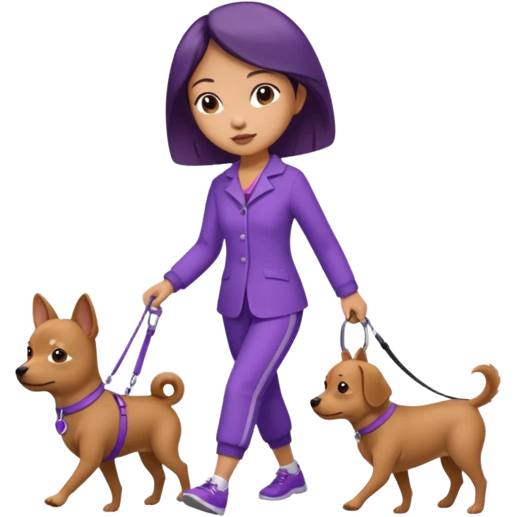 Chinese woman wearing purple outfit walking 1 small brown dog emoji
