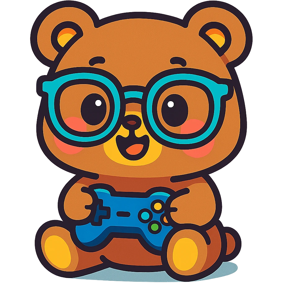chibi bear with glasses playing games, vibrant and cute, animated style emoji