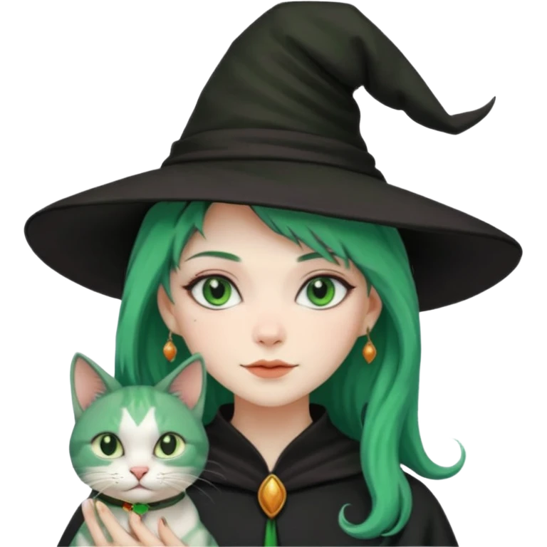 Witch with cat companion, green haired emoji
