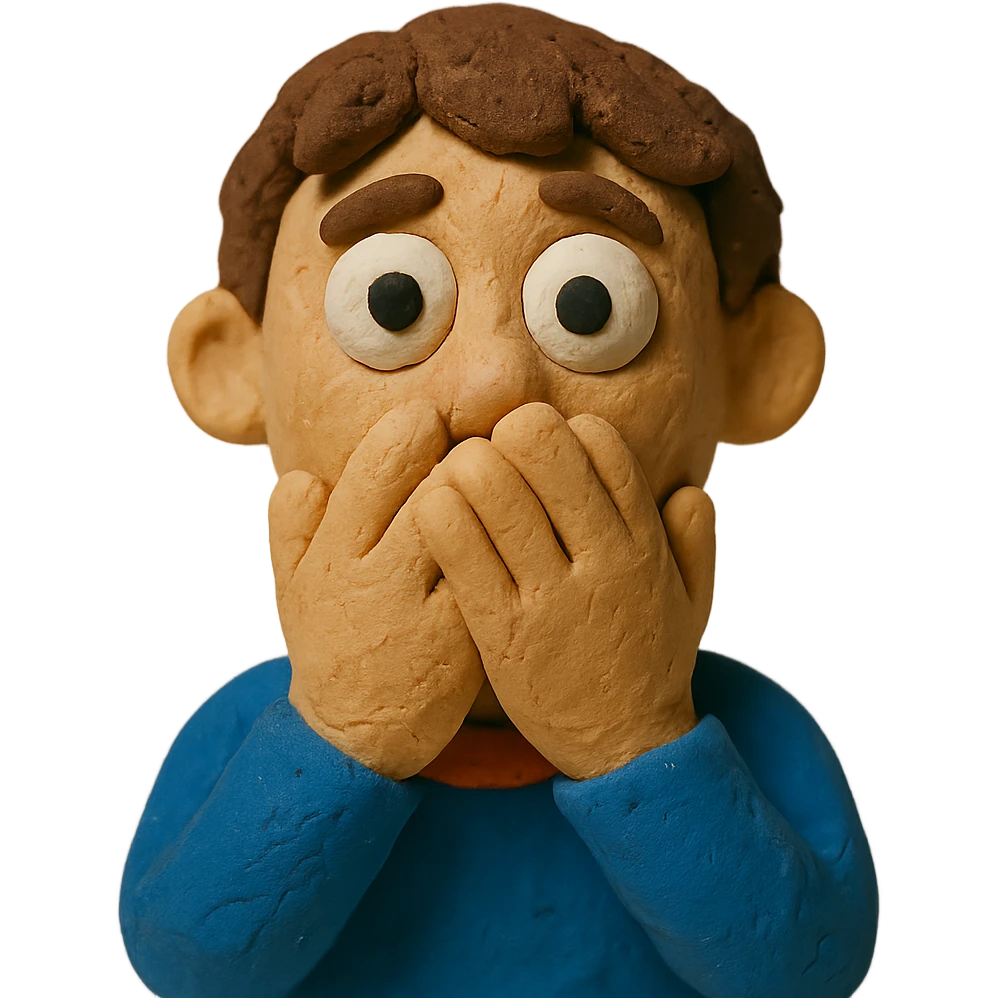 face with hands covering mouth, eyes wide, claymation style, after witnessing cannibalism emoji