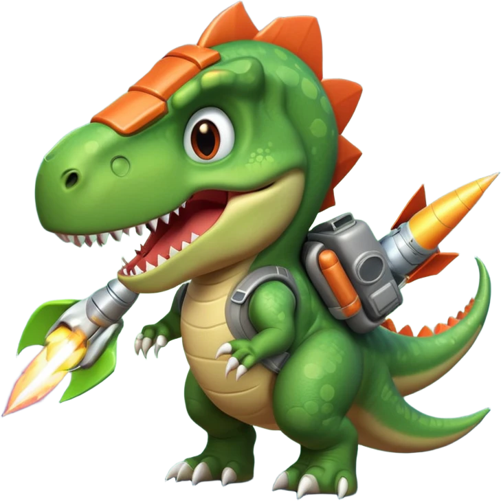 rocket-propelled dinosaur portrait, head and shoulders only, cute T-rex face, rocket pack visible behind shoulders, glowing thrusters, 3D cartoon, mobile game icon style, clean background, no text, no watermark emoji