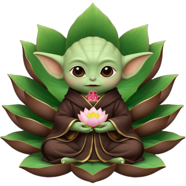 Baby Yoda con su tunica chocolate oscuro sentado dentro de una flor de loto estilo chino emoji