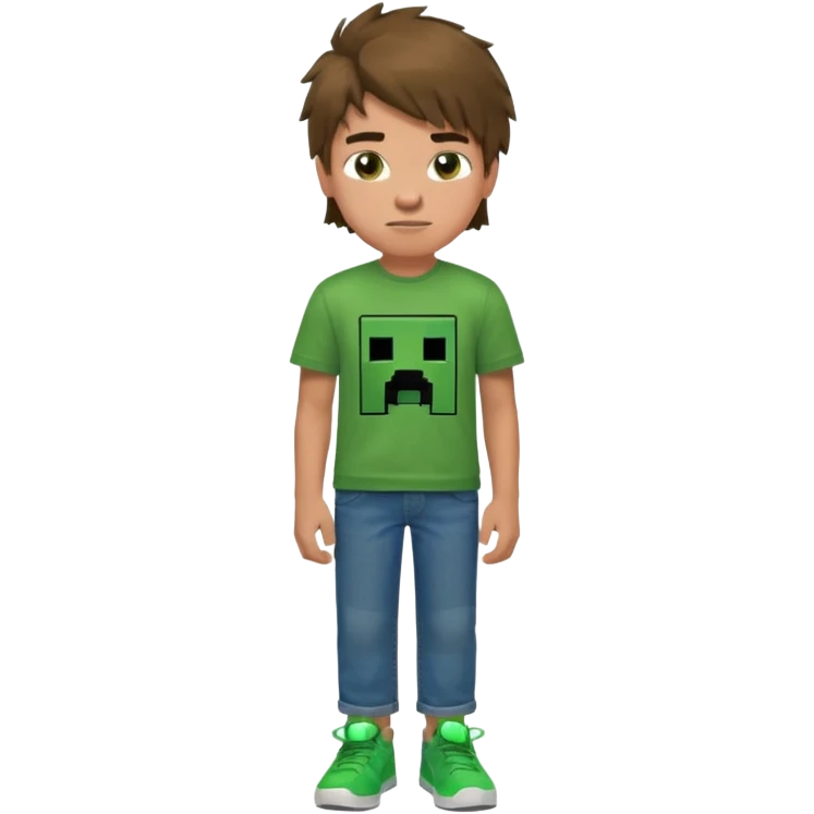 A 14 yerar old teenage boy, slightly tanned, wearing a green minecrcaft tshirt, blue jeans and green sneakers with brown tousled hair, smirking emoji