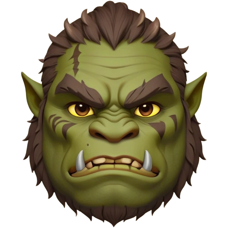 Cinematic Noble Ogre Portrait Emoji, Majestic and imposing, with a rugged, muscular form in deep earthy greens and browns, adorned with battle scars and subtle tribal markings, exuding calm, noble strength and unexpected wisdom, simplified yet strikingly detailed, glowing with a shadowy outline that captures the essence of a gentle giant with fierce heart! emoji