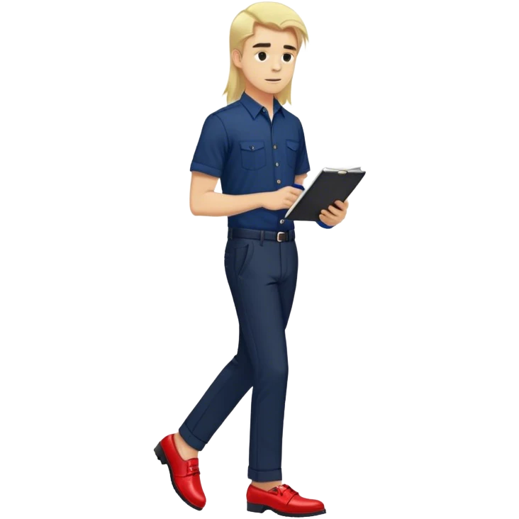 Guy with super long straight blonde hair wearing a short sleeve navy button up untucked black pants red shoes walking holding a notebook emoji