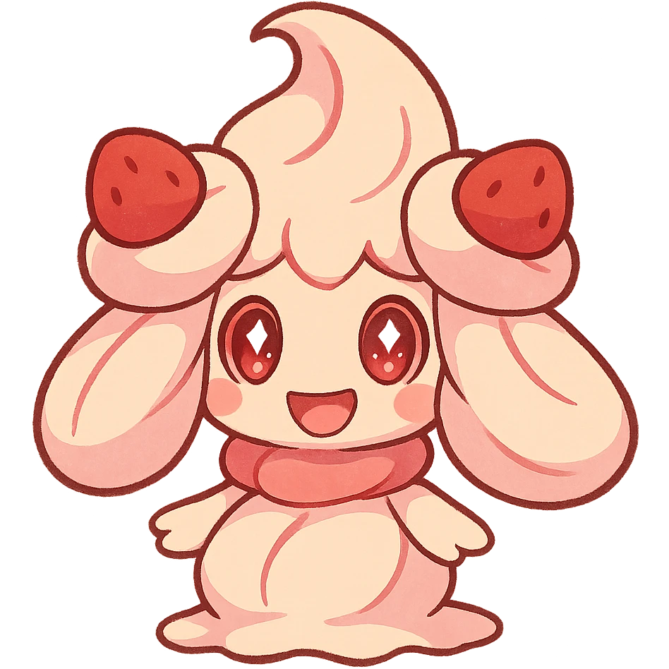 cute Alcremie Pokémon with sparkling eyes, small swirl on top, happy inviting expression, red and pink colors emoji