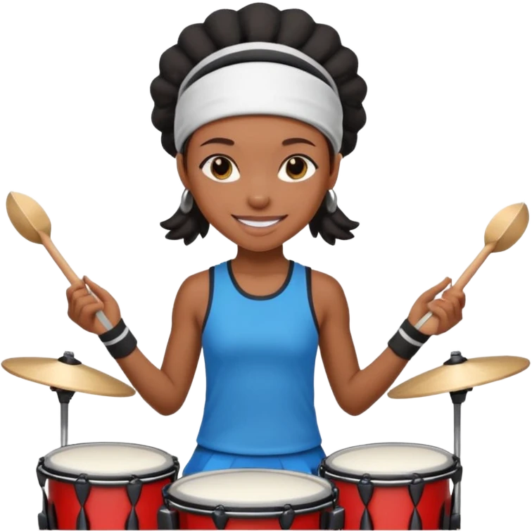 A black girl drummer with a sporty headband and clothes, tapping her drum rhythmically with a grin. emoji