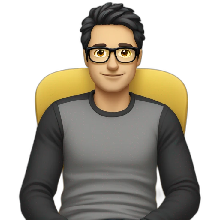 White man with yellow tinted glasses and black hair in a gray jumper and sitting on a chair emoji