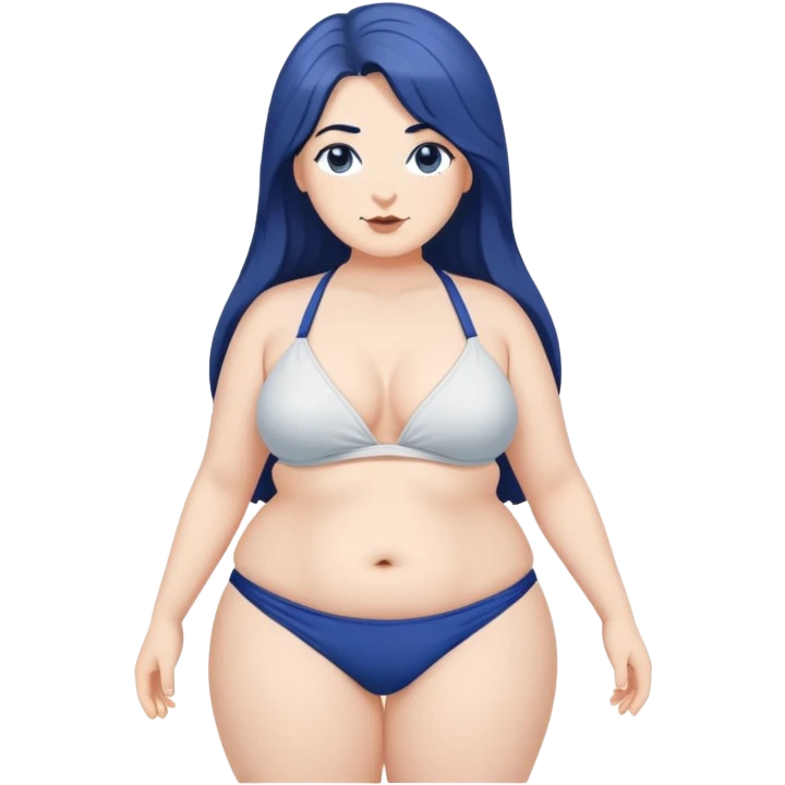 hyperrealistic bbw caucasian-very long dark blue hair- female body small white bikini top grey mini skirt emoji