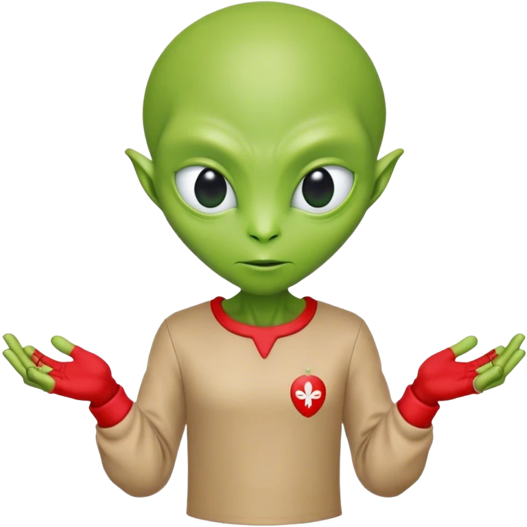 Green alien in Shirt 👚 vyshyvanka, white with red embodiary on sleeved, with 🇺🇦 in a hand emoji