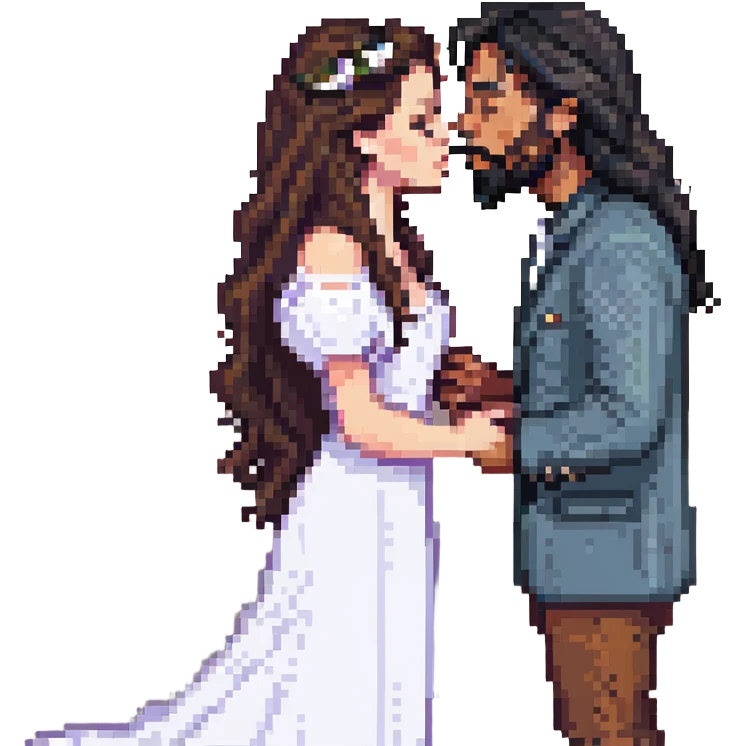 pixel art of a couple kissing with soft colors: white woman with long wavy dark brown hair and white man with long hair and black beard emoji