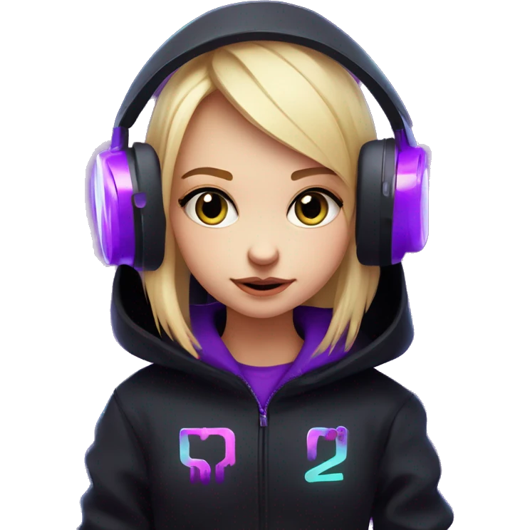 Russian cute blond girl wearing black hoody with violet letters "OMG", in vr headset. Cyberpunk style. Violet neon. emoji