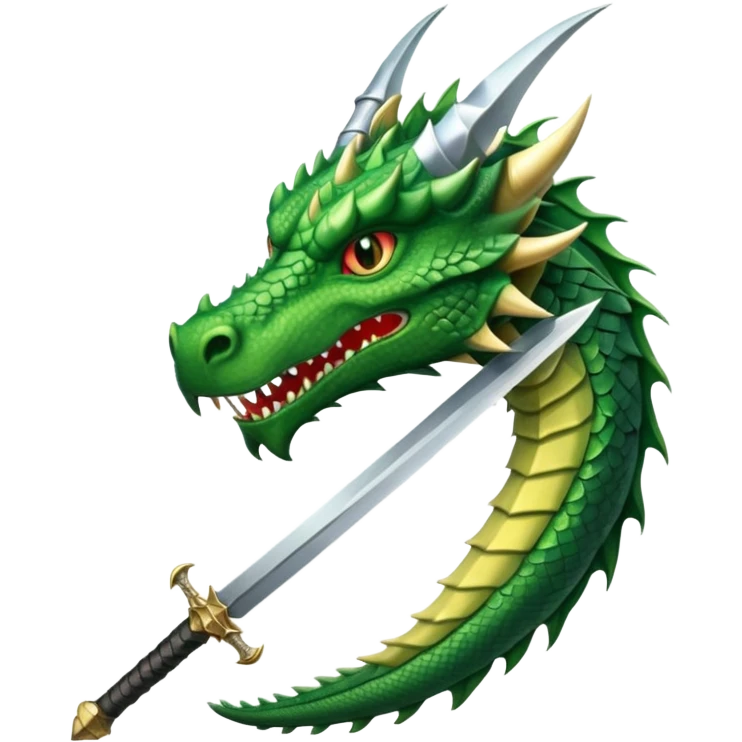 fierce green dragon head facing a medieval sword with classic hilt and wide sharp blade, clear simple details, antique robust sword design emoji