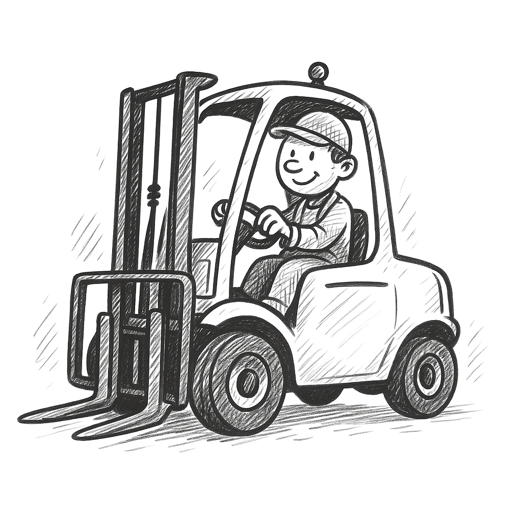Add a driver to the forklift in a doodle style, hand drawn and sketchy with visible lines and a casual, playful look. emoji