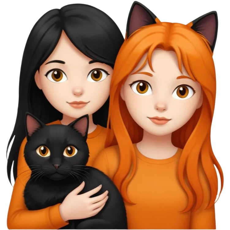 A black long haired girl holding a black cat and an orange long haired cat emoji