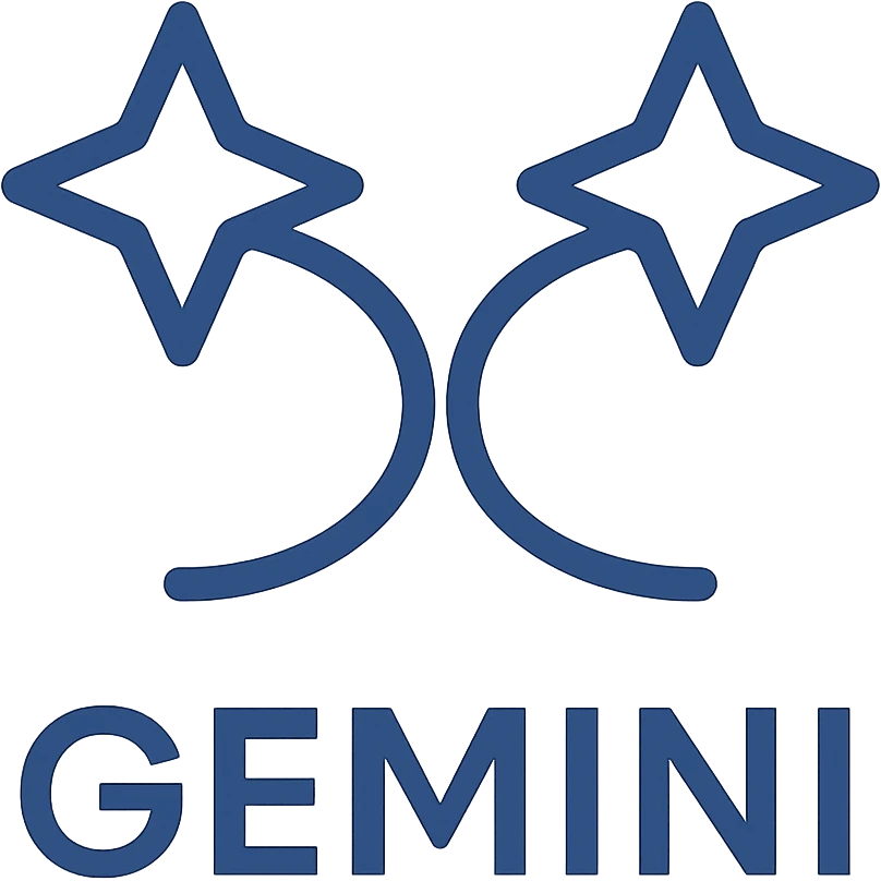 modern minimal logo of Gemini, abstract twin stars or dual shapes, blue and white color scheme emoji