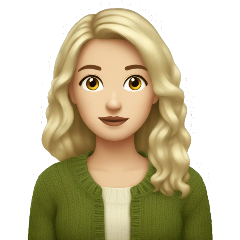 Pretty brown eyed white girl with olive green sweater reading cozy emoji