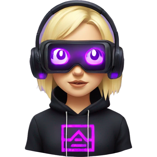 Russian cute blond girl wearing black hoody with violet letters "OMG", in vr headset. Cyberpunk style. Violet neon. emoji