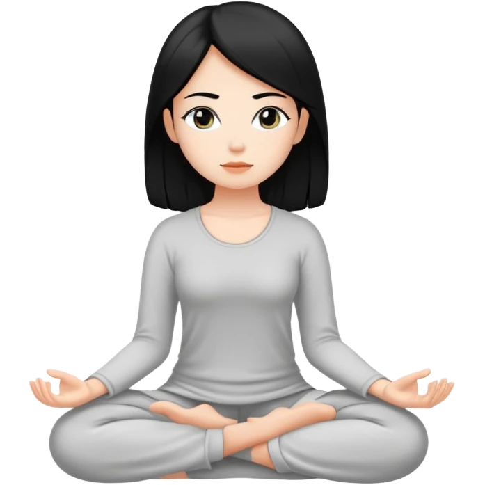 white girl with black hair, meditating, peaceful face emoji