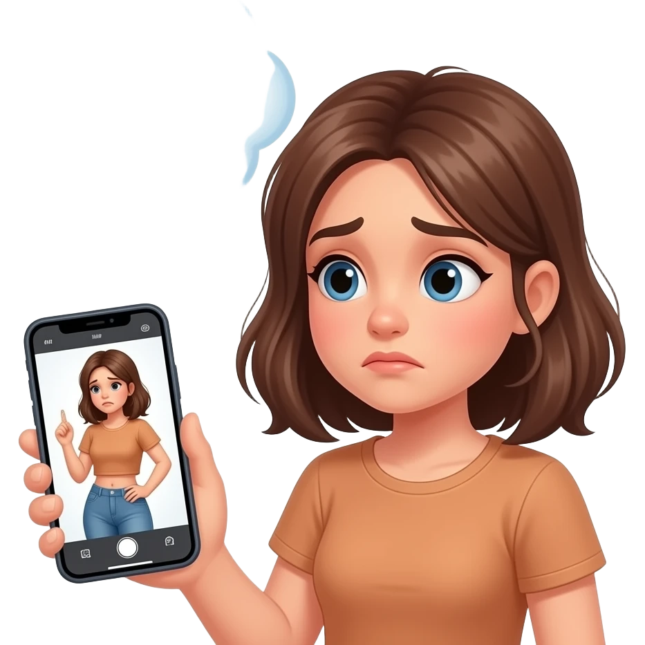 una chica viendo a una influencer en su celular con un buen cuerpo  y maquillaje,la chica esta triste y a su  alrededor hay un pensamiento que dice por que yo no soy asi emoji
