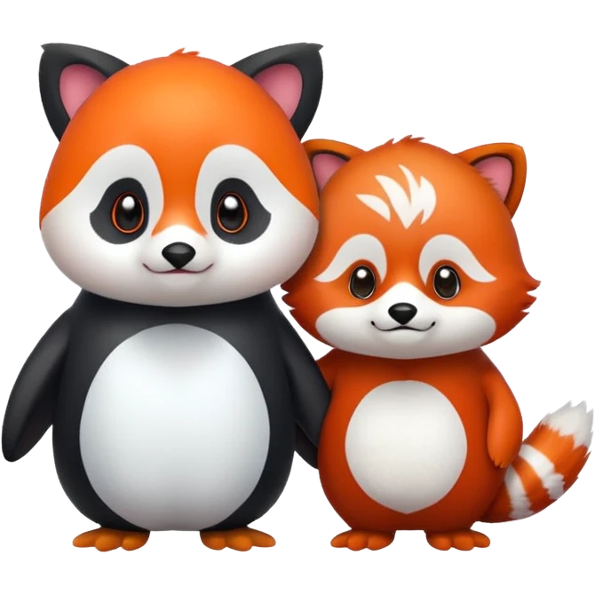 A cartoon  cute one penguin and one red panda  seperste animals note a combination of the animals holding "hands" emoji