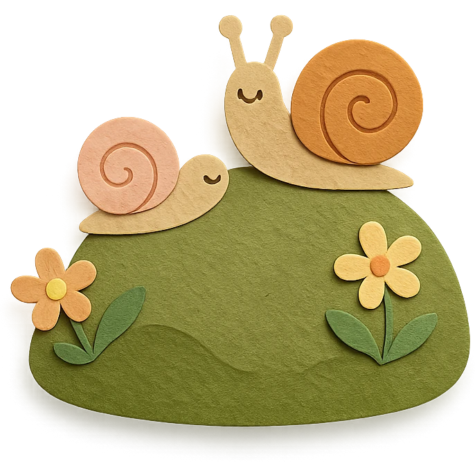 mossy rock with snails and small flowers in earthy pastel colors, paper craft style emoji