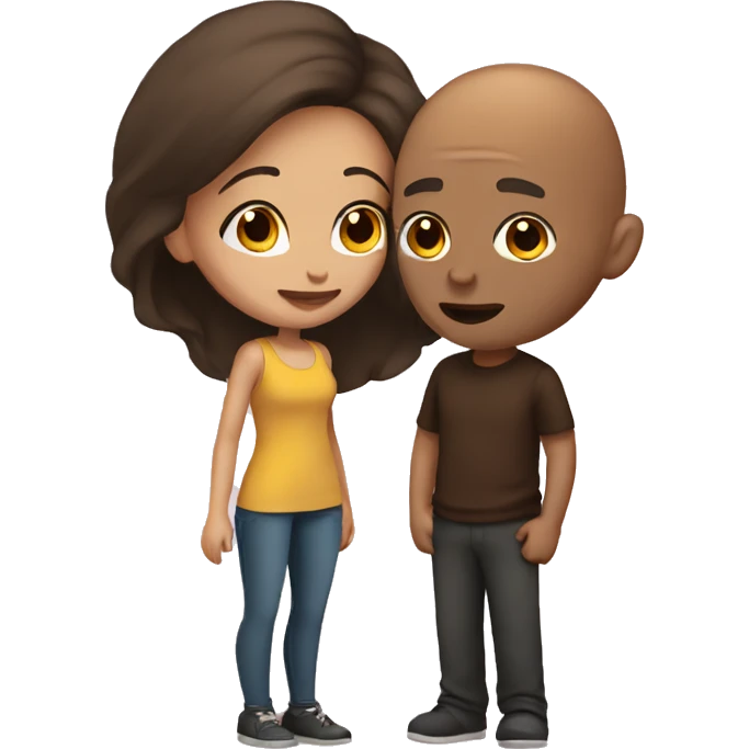 Brown Bald guy and girl with dark brown hair kissing emoji
